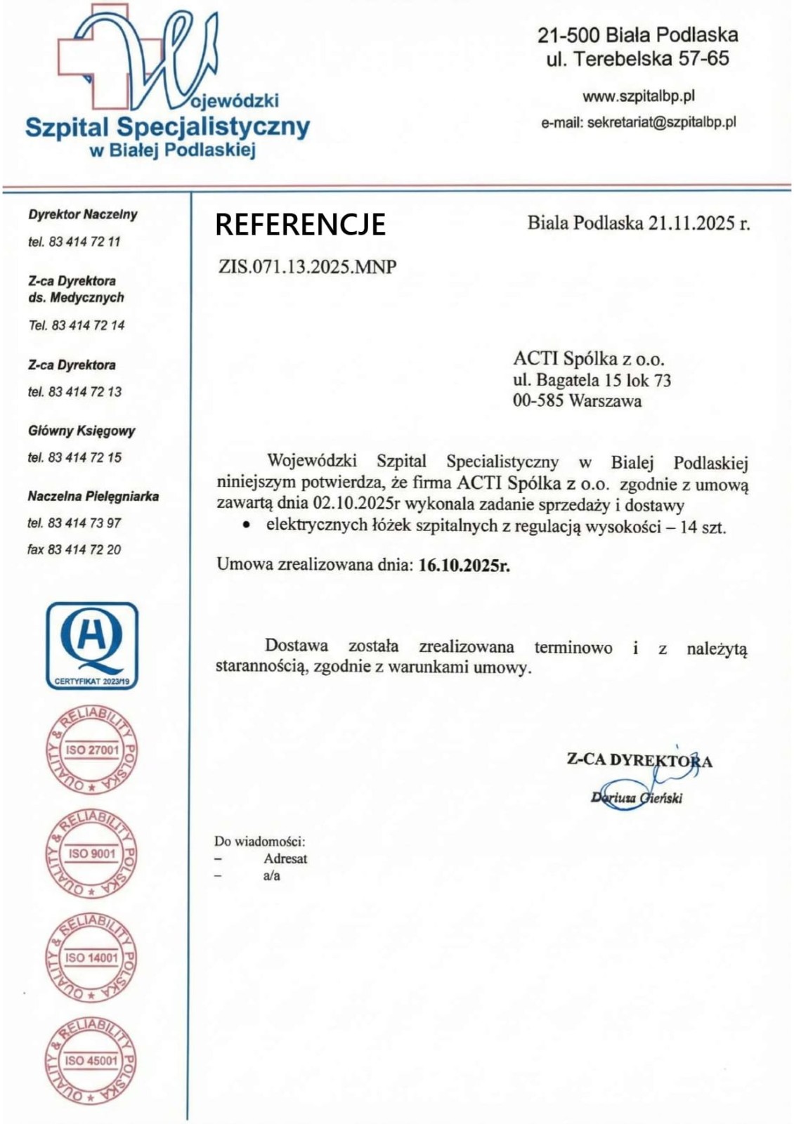 Łóżko szpitalne elektryczne