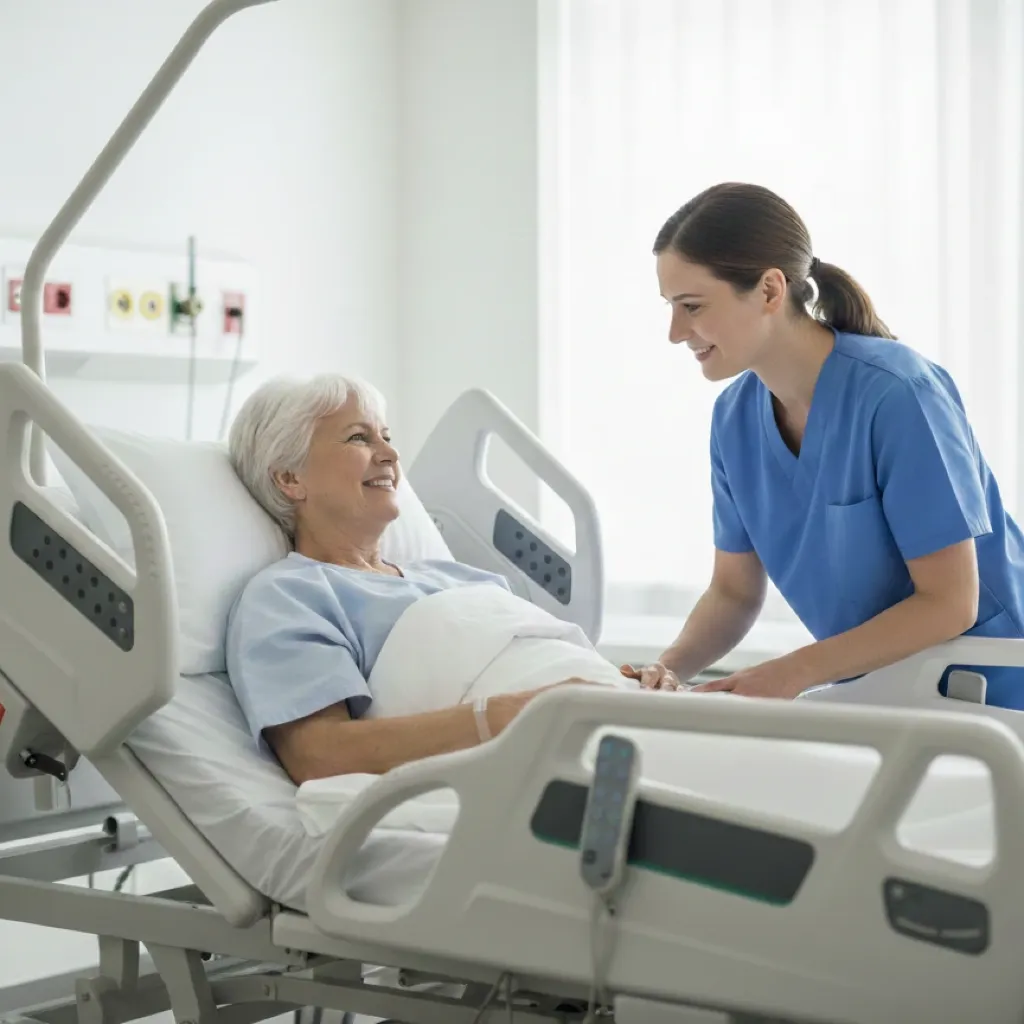 Łóżko szpitalne Acti Med Flex 1 na sali szpitalnej z pacjentem