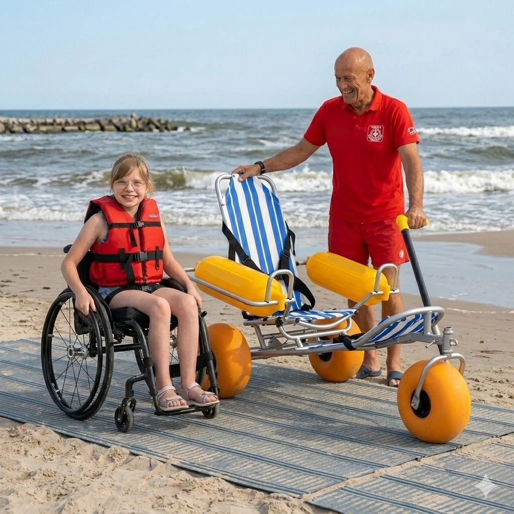 Wózek plażowy dla osób z niepełnosprawnościami zapewniający komfortowe poruszanie się po piasku i bezpieczny wypoczynek nad morzem.