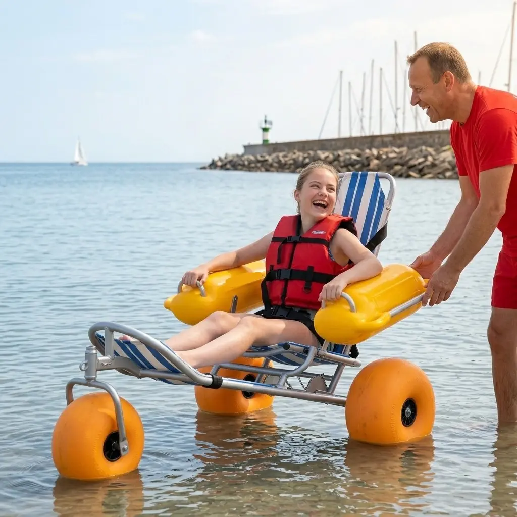 Wózek plażowy dla osób z niepełnosprawnościami zapewniający komfortowe poruszanie się po piasku i bezpieczny wypoczynek nad morzem.