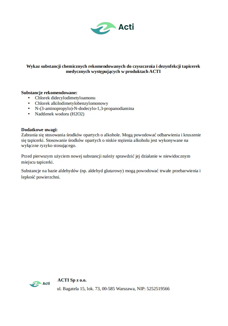 Wykaz substancji chemicznych do czyszczenia tapicerek medycznych - ACTI