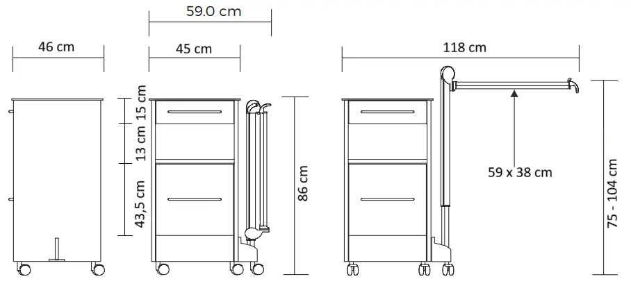 Rysunek techniczny stolika przyłóżkowego Acti